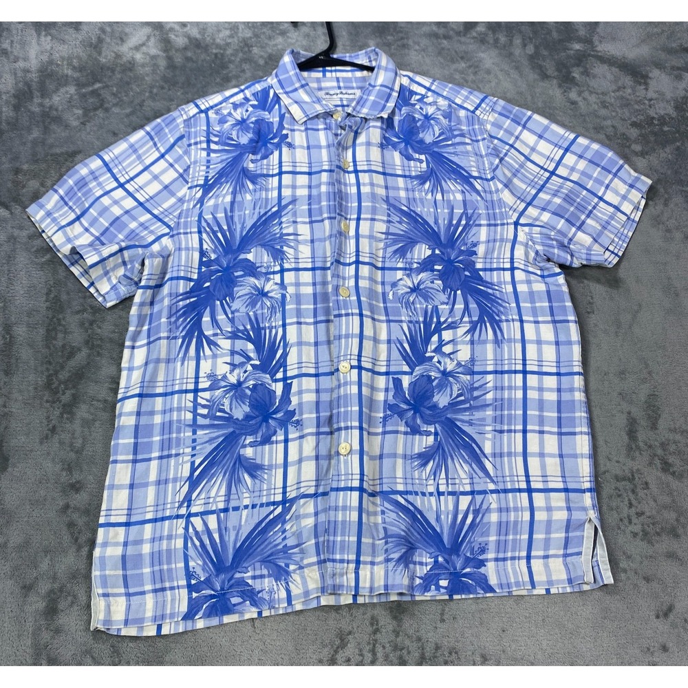 Tommy Bahama Shirt Men M Linen Silk Blend Floral Plaid All Over Print Button Up